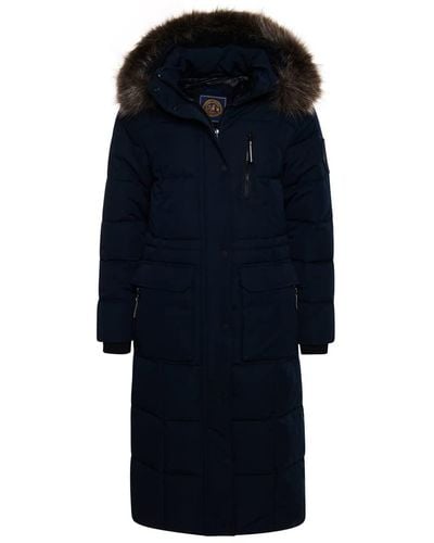 Superdry Longline Faux Fur Everest Coat - Blue
