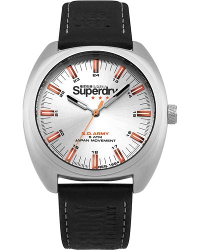 Superdry 'infantry' Quartz Silver-tone And Leather Casual Watch, Color:black (model: Syg228b) - Metallic