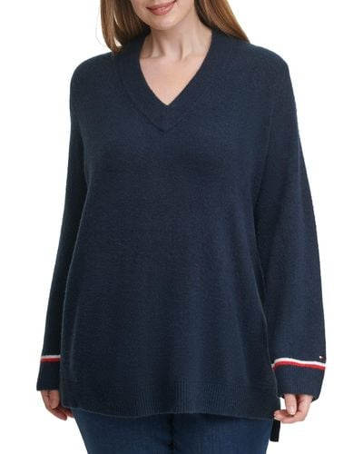 Tommy Hilfiger Plus Soft V-neck Long Sleeve Sweater - Blue