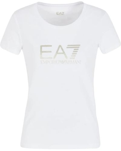 EA7 Shiny T-shirt Aus Baumwollstretch - Weiß