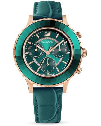 Swarovski Octea Lux Chrono Rose Gold Quartz Watch With Leather Strap - Green