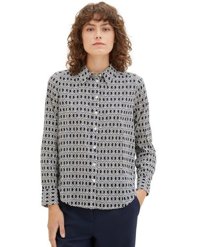 Tom Tailor 1037899 Bluse mit Muster & Turn-Up Ärmel - Grau