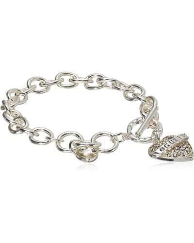 Guess Silvertone Chain Toggle Dangle Heart Charm Bracelet - Metallic