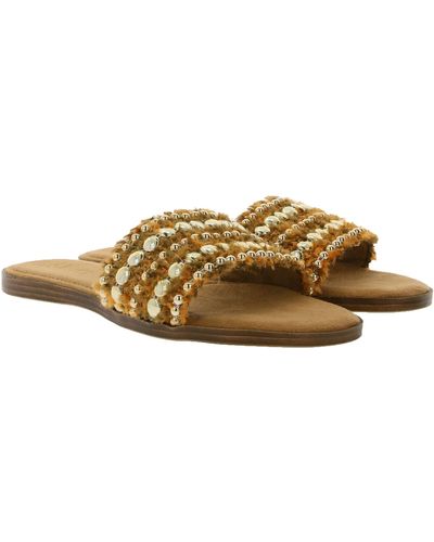 S.oliver Latschen Flauschige Sommer-Schuhe Pantoletten mit Perlenbesatz Hausschuhe Schlappen Orange-Gold - Mettallic