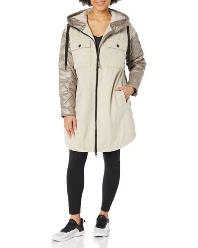 Calvin Klein Faux Wool Mix Coat With Quilted Back And Sleeves Zip Front Hooded Jacket - Natural