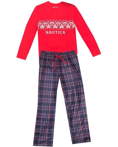 Nautica Ensemble pyjama de vacances familial pour homme – Haut à manches longues et col rond et - Rouge