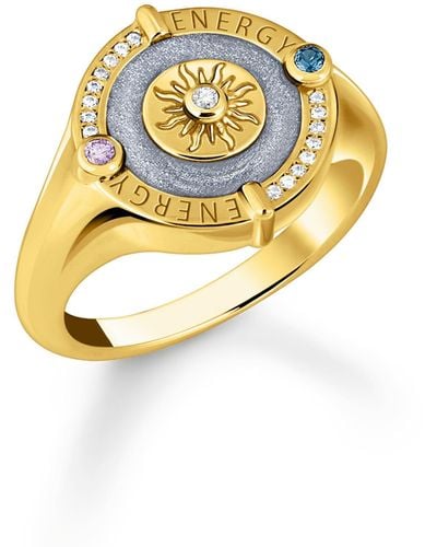 Thomas Sabo Gold-plated Signet Ring With Blue Cold Enamel And Stones 925 Sterling Silver - Metallic