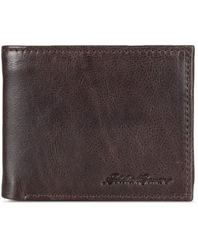 Eddie Bauer Signature Logo Leather Flip ID Bifold Wallet - Marrone