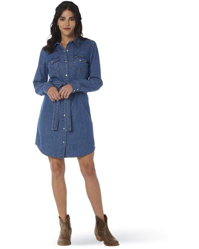 Wrangler Retro Long Sleeve Western Snap Dress Casual - Blue