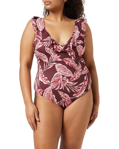 Iris & Lilly Plunge V Neck Ruffle Swimsuit - Red
