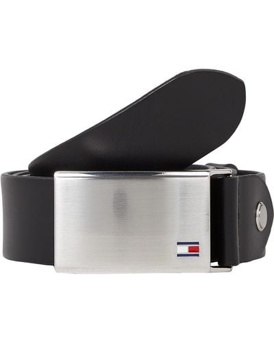 Tommy Hilfiger Logo en Placa Cinturón Ajustable de Piel Auténtica y Con Una Hebilla Plateada - Negro