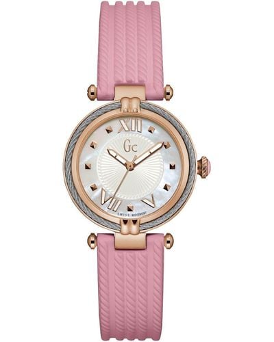 Guess Gc 32.00 Mm Quartz Watch With Mother Of Pearl Analogue Dial And Pink Rubber Y18011l1
