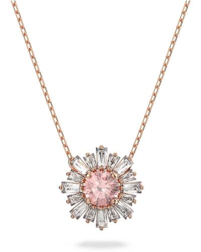 Swarovski Pendant Necklace With Pink And Clear Crystal Sun Motif On A Rose-gold Tone Finish Setting And Simple Chain - Metallic