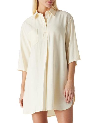 FIND Vestito T-Shirt Donna con Scollo a V Stile Blusa Oversize Comodo iche a 3/4 e Bottoni Lungo Beige - Bianco