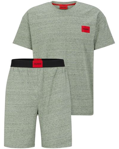HUGO Melange Short Set Relaxed-Fit Pyjama aus Baumwoll-Mix mit roten Logo-Labels Hellgrün S