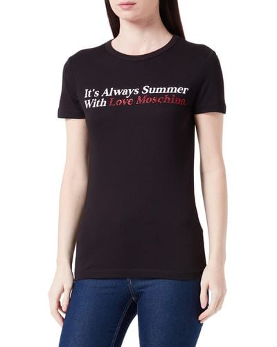 Love Moschino Slim fit Short-Sleeved with Summer Slogan Water Print and Glitter Details T-Shirt - Schwarz