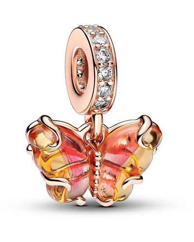 PANDORA Moments Butterfly 14k Rose Gold-plated Dangle With Bi-colour Orange And Pink Murano Glass And Clear Cubic Zirconia - Multicolour