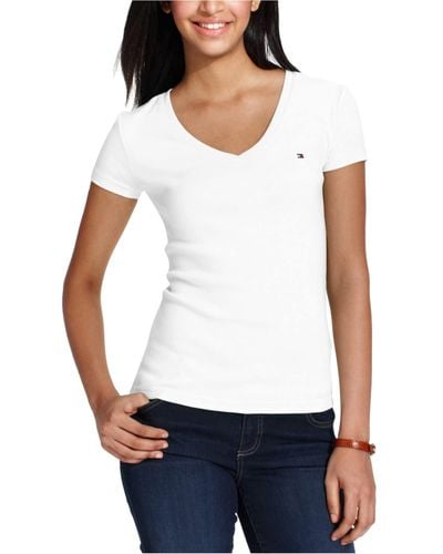 Tommy Hilfiger Short Sleeve Tops-cotton Shirts V-neckline And Logo Detail T - White