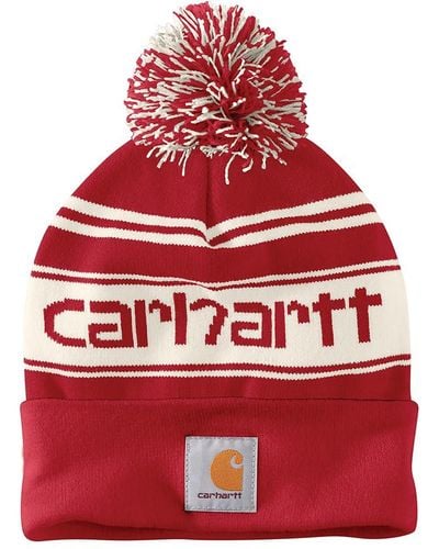Carhartt Knit Pom Cuffed Logo Beanie - Red