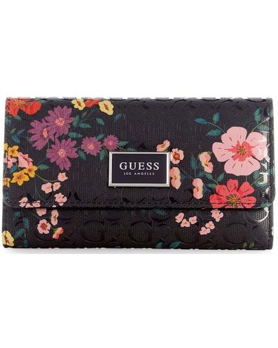 Guess Logo Embossed Pink Purple Floral Print Slim Wallet Clutch Bag - Schwarz