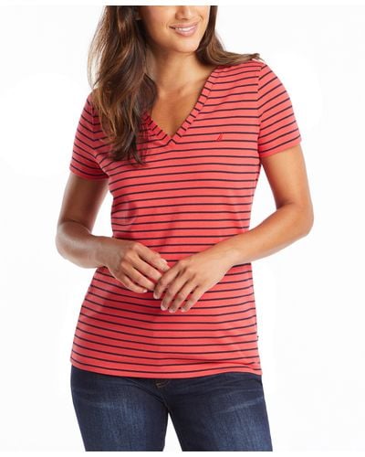 Nautica Easy Comfort V-Neck Striped Supersoft Stretch Cotton T-Shirt - Rot