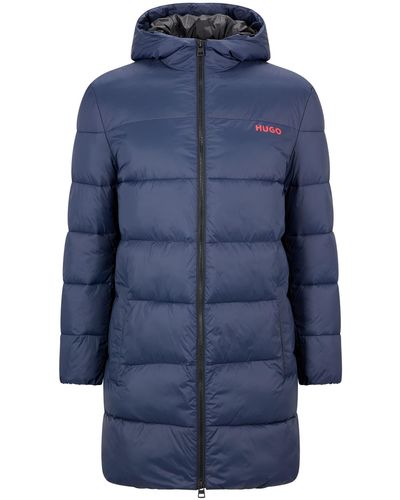HUGO Hooded Slim-fit Puffer Coat With Chest Logo - Blue