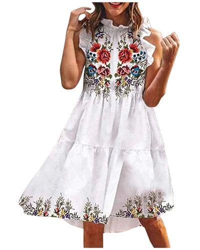 Superdry Length Elegant Sleeveless Pleated Skirt Embroidered Casual Floral Dress Beach Dress Bohemian Dress Strap Dress Casual Dress - White