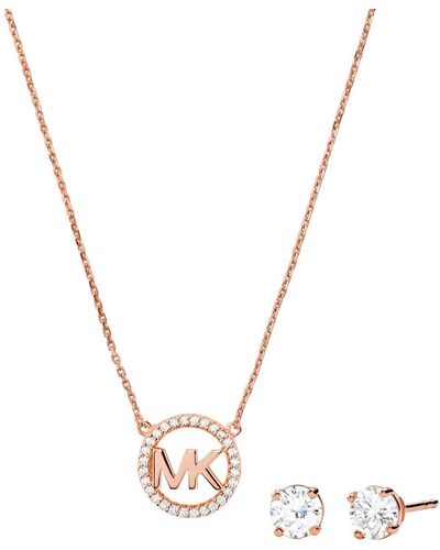 MICHAEL Michael Kors 14k Gold Plated Pave Logo Charm Necklace And Stud Earring Set - Metallic