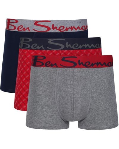 Ben Sherman Boxer Shorts in Grey/Red Print/Navy | Cotton Trunks with Elasticated Waistband - Gris