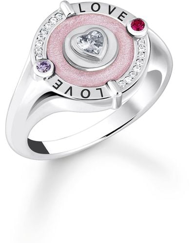Thomas Sabo Silver Signet Ring With Stones And Pinkish Cold Enamel 925 Sterling Silver - White