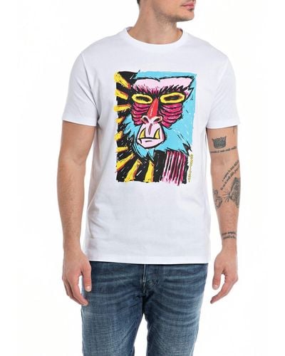 Replay T-Shirt Kurzarm Rundhalsausschnitt Monkey Print - Weiß