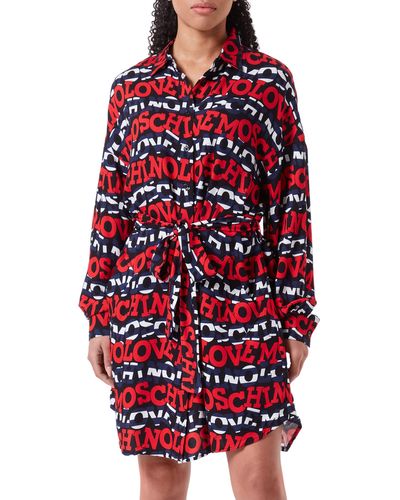 Love Moschino Long-Sleeved Chemisier with Waistbelt-Fluid Allover Printed Dress - Rot