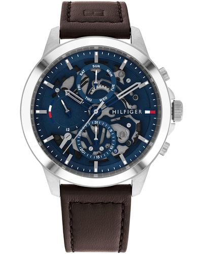 Tommy Hilfiger Multifunction Stainless Steel And Leather Strap Watch - Blue