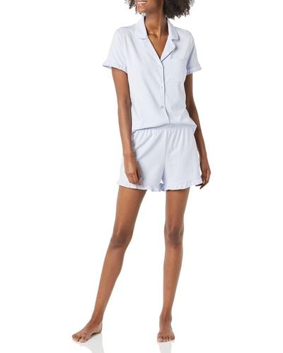 Amazon Essentials Cotton Modal Piped Notch Collar Pajama Set - Blue