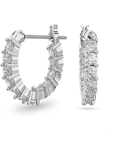 Swarovski Vittore Mini Hoop Pierced Earrings With White Circle Cut Crystal On A Rhodium Plated Setting With A Hinged Closure - Metallic