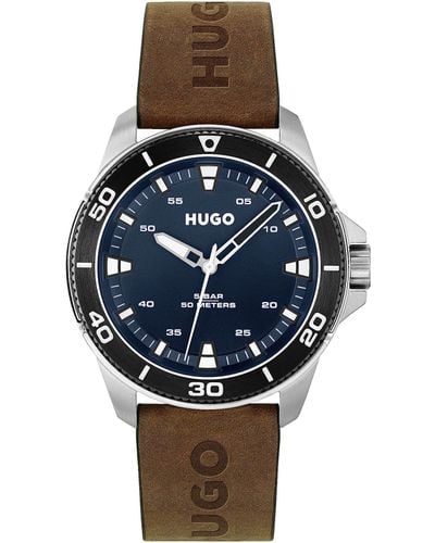 HUGO Analog Quarzuhr für mit Braunes Lederarmband - 1530220 - Blau