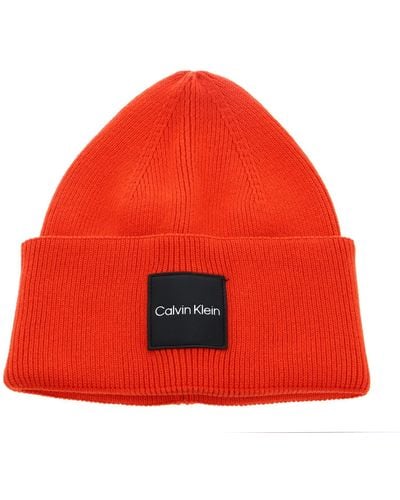 Calvin Klein Fine Cotton Rib Beanie Knitted Hat - Red