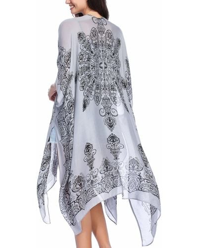 HIKARO Long Kimono Floral Cardigans Beach Bikini Cover Up Sarongs Print Boho Cardigan Open Front Loose Shawl Blouse Summer for Ladies - Gris