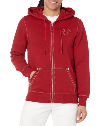True Religion Big T Zip Up Hoodie Hooded Sweatshirt - Red