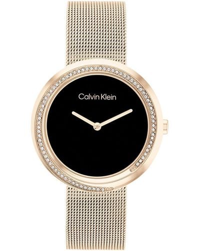 Calvin Klein Analoge Quartz Horloge Voor Vrouwen Met Anjer Goudkleurige Roestvrijstalen Mesh Armband - 25200151, Zwart, Armband