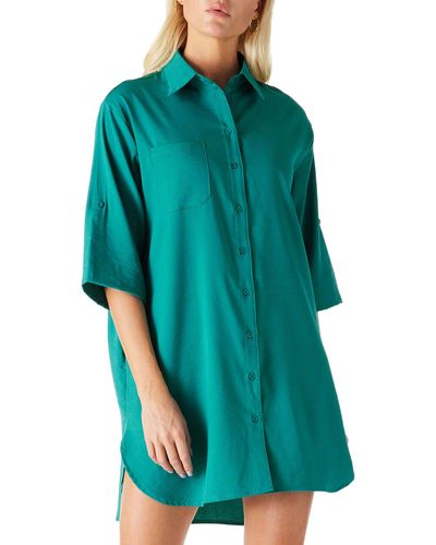 FIND Lässiges kleid Halblange Ärmel Bündchen Knopfleiste Mini-Shirt-Kleid Übergröße V-Ausschnitt Hemdblusenkleid - Grün