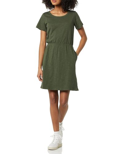 Amazon Essentials Vestido corto en punto de algodón con cintura elástica y manga corta Mujer - Verde