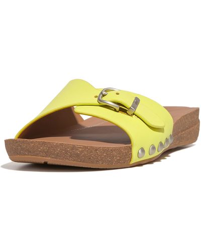 Fitflop Iqushion Adjustable Buckle Leather Slides Wedge Sandal - Yellow