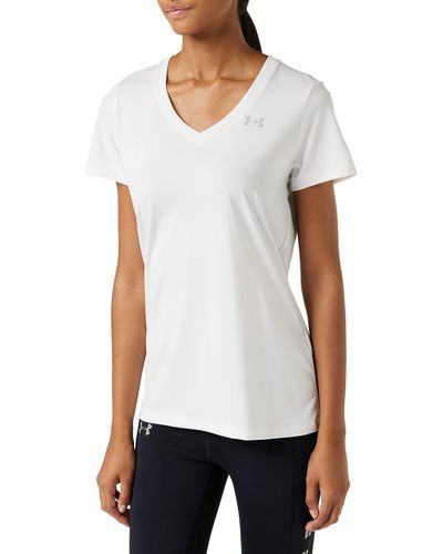 Under Armour Tech Short Sleeve V - Solid, Ademend Loopshirt Voor Vrouwen, Korte Mouwen Trainingsshirt Met Losse Pasvorm. L - Wit