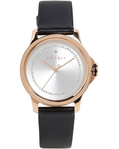 Esprit Edelstahl-Uhr mit Zirkonia und Leder-Armband - Schwarz