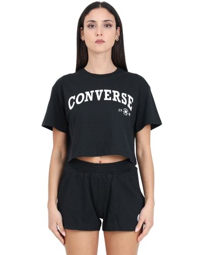 Converse T-Shirt Crop da Donna Panna con Maxi Stampa Logo XS - Nero