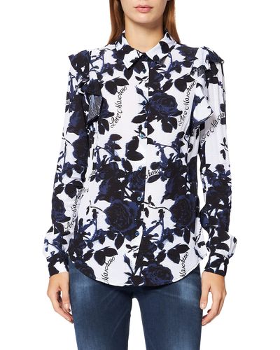 Love Moschino Long Sleeve Shirt In Flowing Fabric With An All-over Roses Print,small Ruffles On The Shoulders - Blue