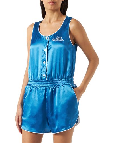 Love Moschino Short Sleeveless Jumpsuit In Stretch Satin - Blue