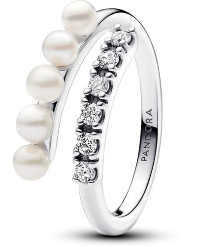 PANDORA Timeless Anillo abierto de plata de ley con perla blanca cultivada de agua dulce tratada y circonita cúbica transparente - Blanco