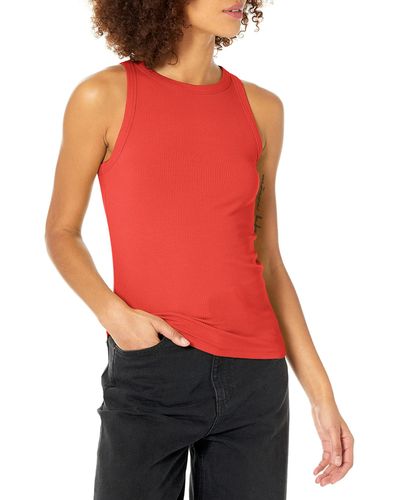The Drop Valerie Camiseta sin gas en Punto de Canalé de Cuello Cerrado con Espalda de Nadadora para Mujer - Rojo